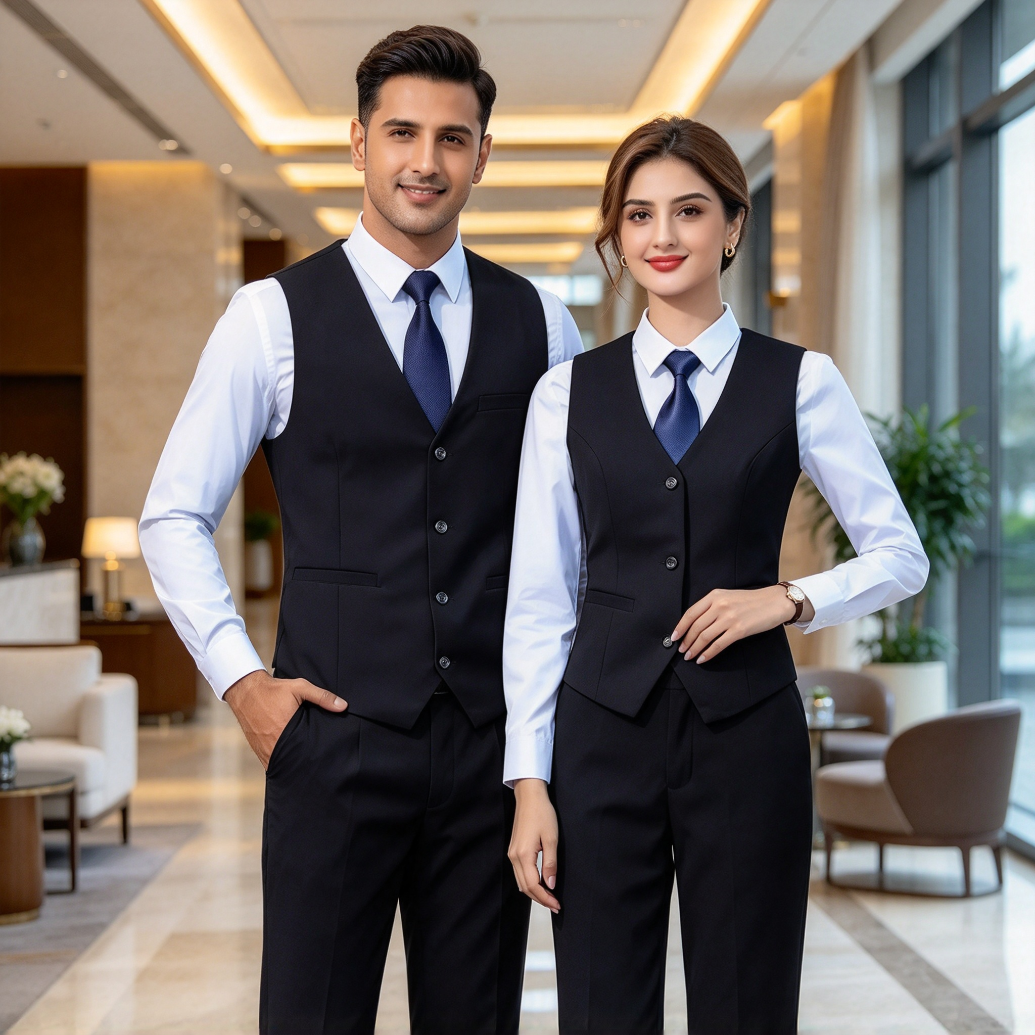 This premium hotel uniform for men and women includes a black tailored vest, white formal shirt, navy blue tie, and black trousers. It is designed for reception, guest service, corporate hospitality, event staff, and front office roles where a neat formal appearance is required. The slim-fit vest creates a structured silhouette, while the white shirt and navy blue tie add clean contrast and professional elegance. The set offers premium fabric finish, precise stitching, comfortable wear for long working hours, and easy coordination for team uniforms. Ideal for hotels, resorts, corporate hospitality, event venues, and formal service environments._10