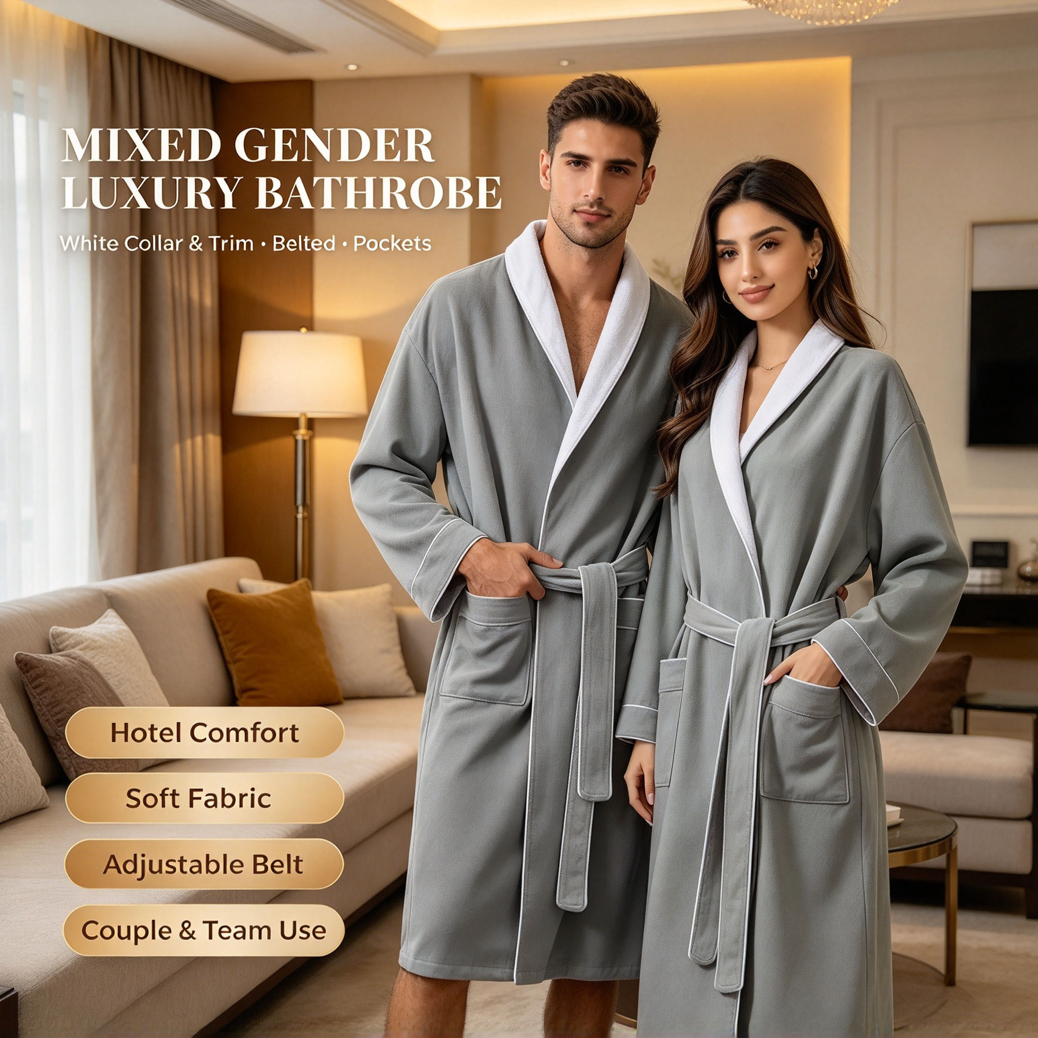 Mixed Gender Luxury Bathrobe – White Collar & Trim Hotel Style Bathrobe for Couples and Teams Soft Long Bathrobe with Belted Waist and Pockets Gray, Mint & Pink Couple Bathrobe Set Premium Spa Bathrobe for Men and Women_4