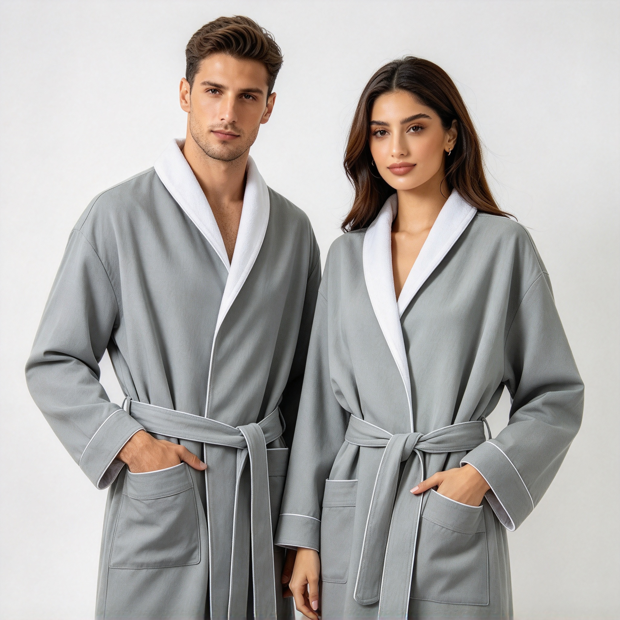 Mixed Gender Luxury Bathrobe – White Collar & Trim Hotel Style Bathrobe for Couples and Teams Soft Long Bathrobe with Belted Waist and Pockets Gray, Mint & Pink Couple Bathrobe Set Premium Spa Bathrobe for Men and Women_7