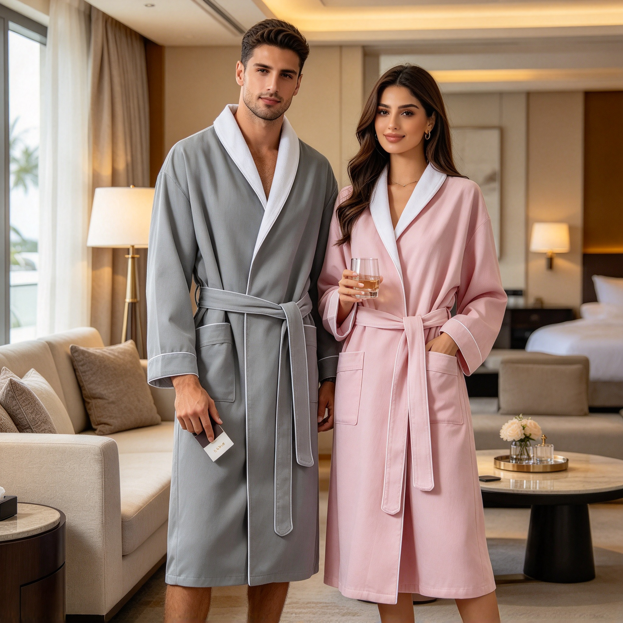 Mixed Gender Luxury Bathrobe – White Collar & Trim Hotel Style Bathrobe for Couples and Teams Soft Long Bathrobe with Belted Waist and Pockets Gray, Mint & Pink Couple Bathrobe Set Premium Spa Bathrobe for Men and Women_2