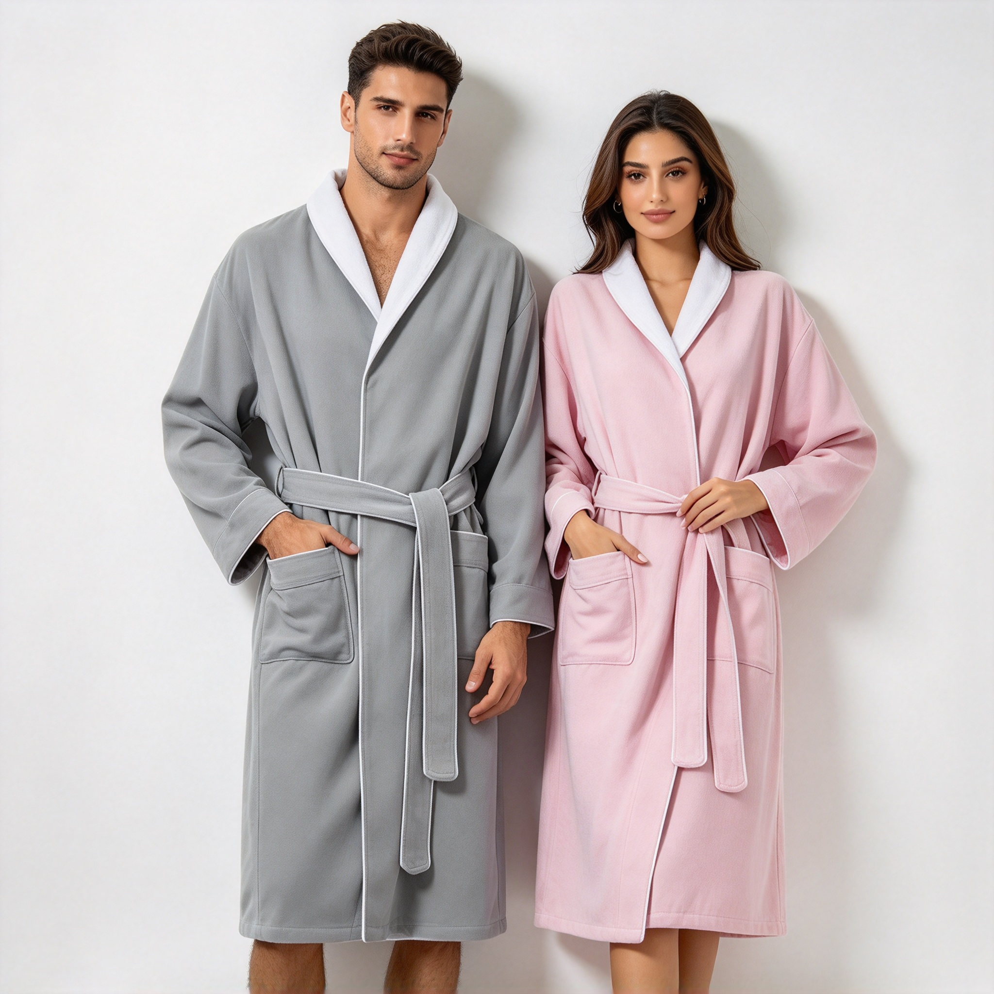 Mixed Gender Luxury Bathrobe – White Collar & Trim Hotel Style Bathrobe for Couples and Teams Soft Long Bathrobe with Belted Waist and Pockets Gray, Mint & Pink Couple Bathrobe Set Premium Spa Bathrobe for Men and Women_3