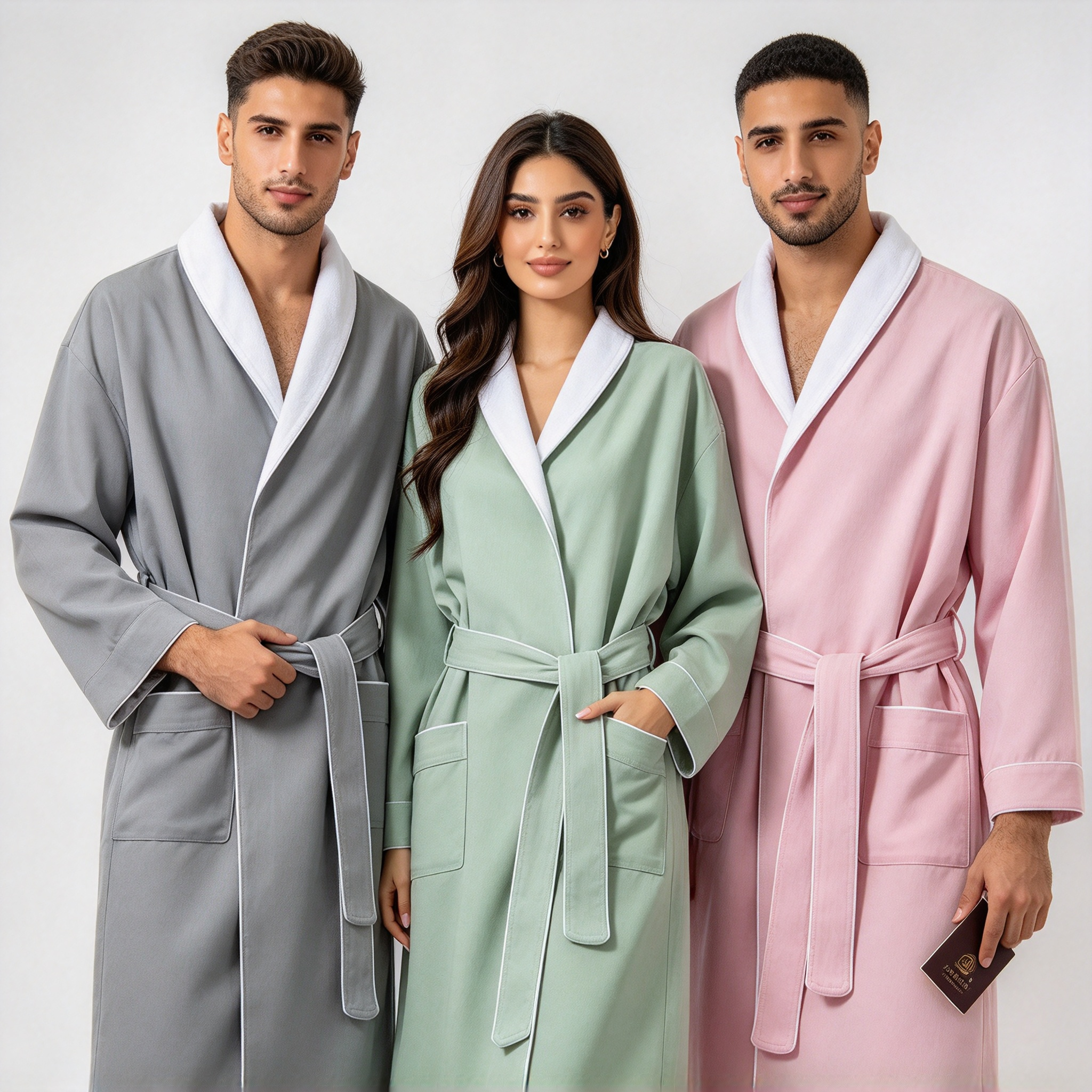 Mixed Gender Luxury Bathrobe – White Collar & Trim Hotel Style Bathrobe for Couples and Teams Soft Long Bathrobe with Belted Waist and Pockets Gray, Mint & Pink Couple Bathrobe Set Premium Spa Bathrobe for Men and Women_5