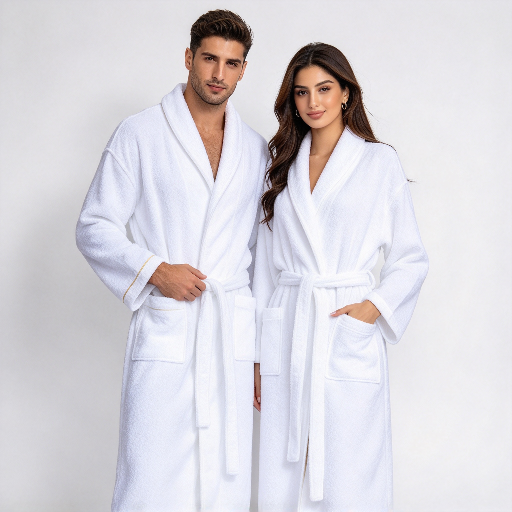 Luxury Towel Bathrobe for Men and Women White Hotel Spa Bathrobe with Gold Trim Soft Absorbent Couple Bathrobe with Belt and Pockets Premium Bathrobe for Hotel, Resort & Spa Use Mixed Gender Bathrobe in Gold Trim & Clean Trim_3