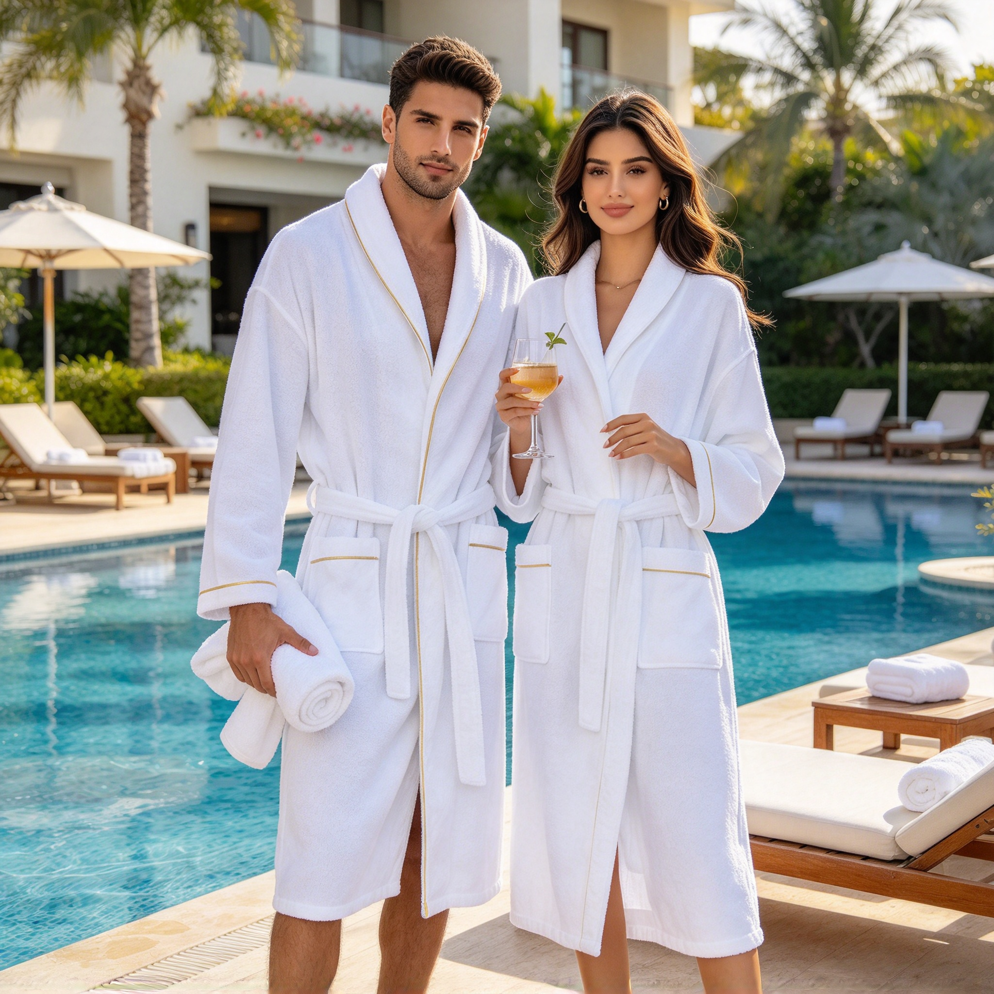 Luxury Towel Bathrobe for Men and Women White Hotel Spa Bathrobe with Gold Trim Soft Absorbent Couple Bathrobe with Belt and Pockets Premium Bathrobe for Hotel, Resort & Spa Use Mixed Gender Bathrobe in Gold Trim & Clean Trim_6