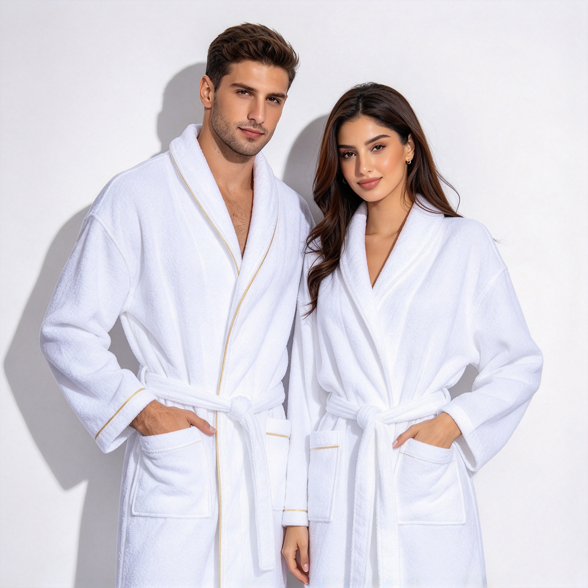Luxury Towel Bathrobe for Men and Women White Hotel Spa Bathrobe with Gold Trim Soft Absorbent Couple Bathrobe with Belt and Pockets Premium Bathrobe for Hotel, Resort & Spa Use Mixed Gender Bathrobe in Gold Trim & Clean Trim_7