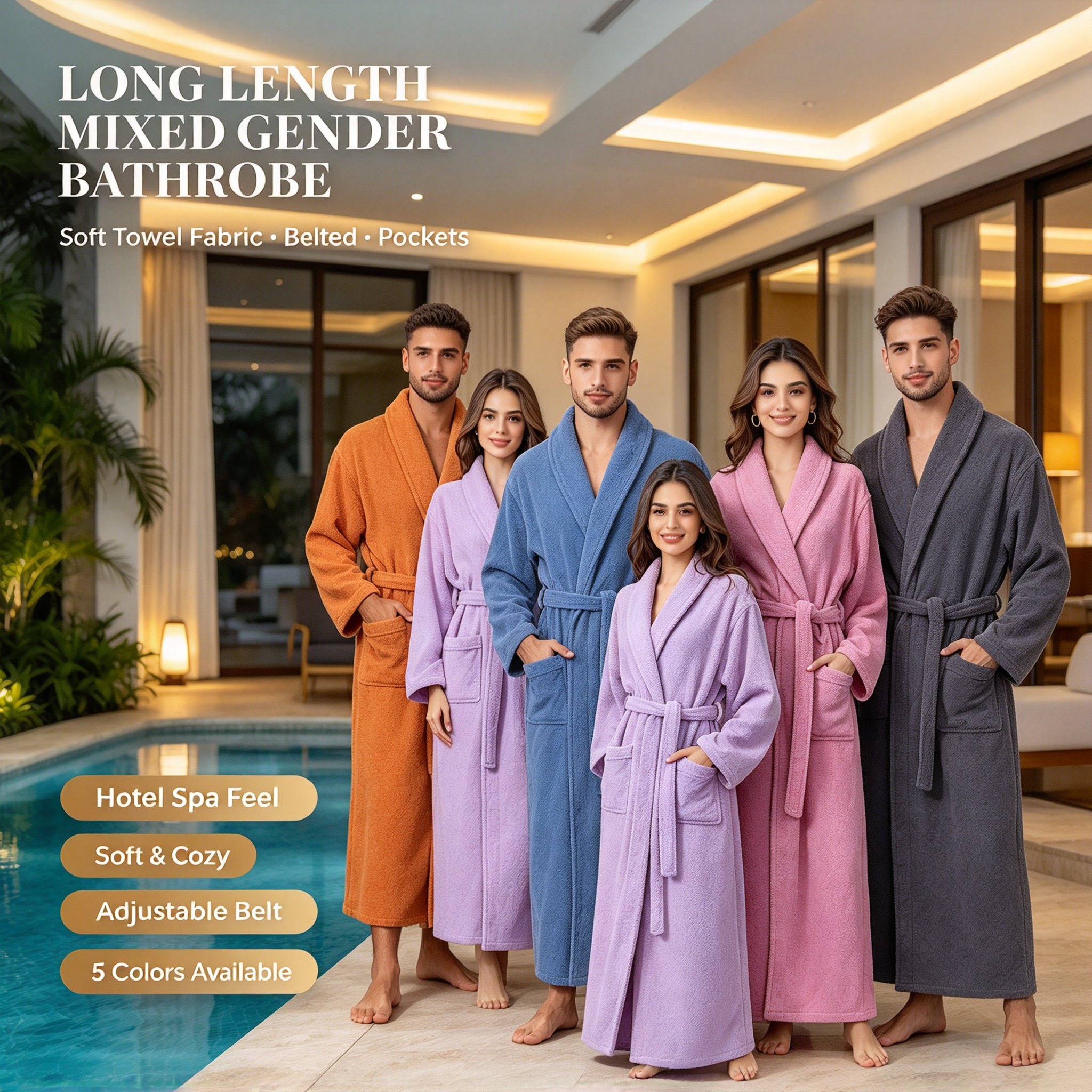 Long Length Mixed Gender Bathrobe – Soft Towel Fabric Hotel Spa Bathrobe for Men and Women with Belt & Pockets Premium Couple Bathrobe in 5 Colors Soft Cozy Bathrobe for Hotel, Resort & Home Use Full Length Towel Bathrobe with Adjustable Belt_3