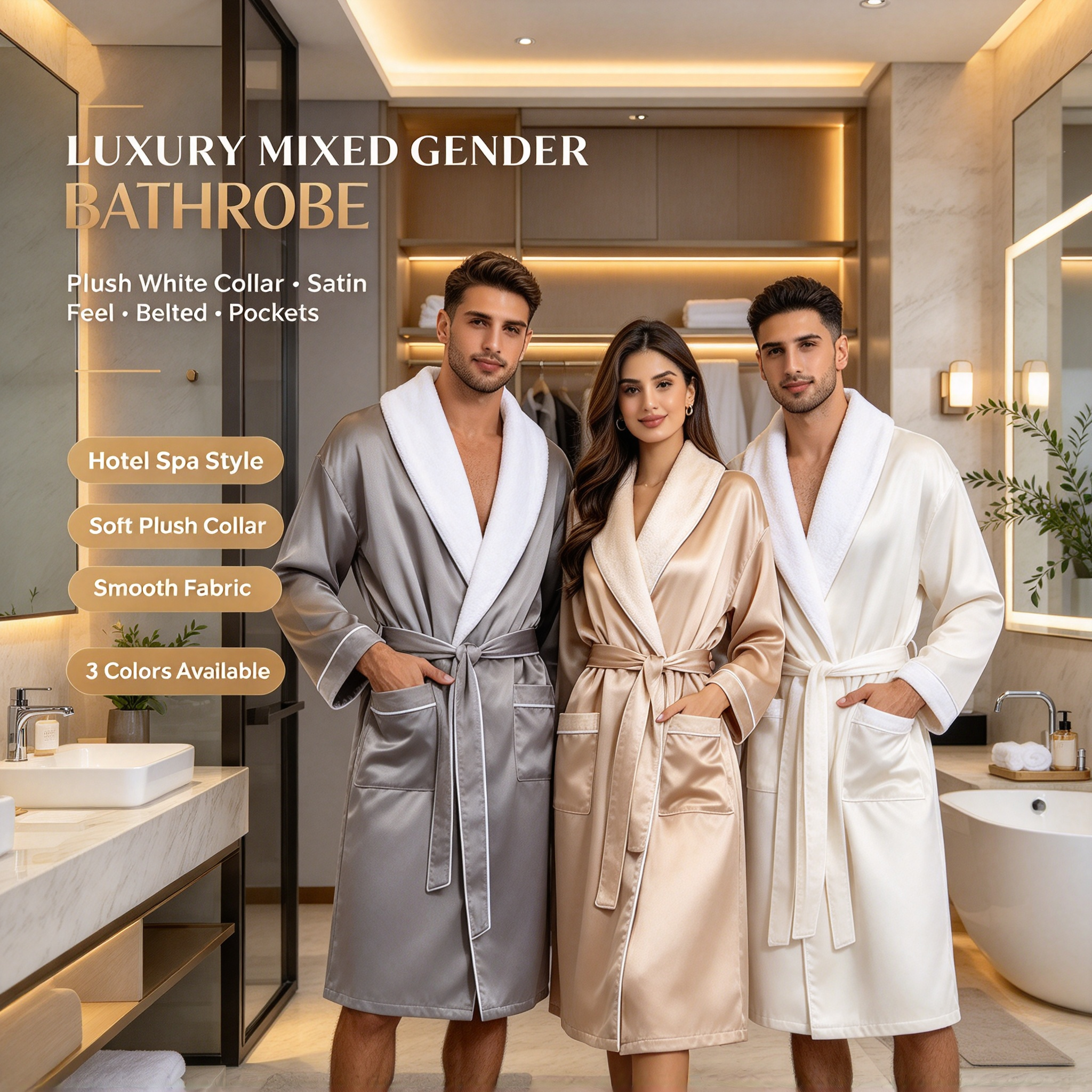 Luxury Mixed Gender Bathrobe – Plush White Collar Hotel Spa Bathrobe with Satin Feel & Belt Premium Couple Bathrobe in 3 Colors Long Bathrobe with Pockets for Men and Women Silky Smooth Bathrobe for Hotel, Resort & Home_3