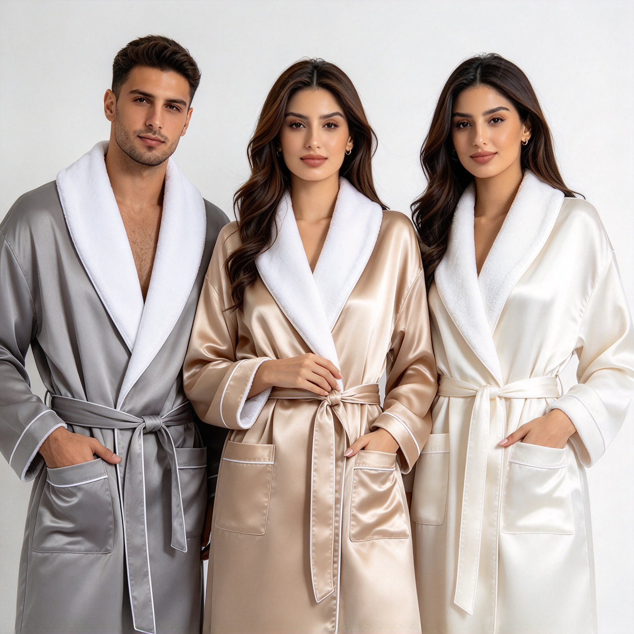 Luxury Mixed Gender Bathrobe – Plush White Collar Hotel Spa Bathrobe with Satin Feel & Belt Premium Couple Bathrobe in 3 Colors Long Bathrobe with Pockets for Men and Women Silky Smooth Bathrobe for Hotel, Resort & Home_4