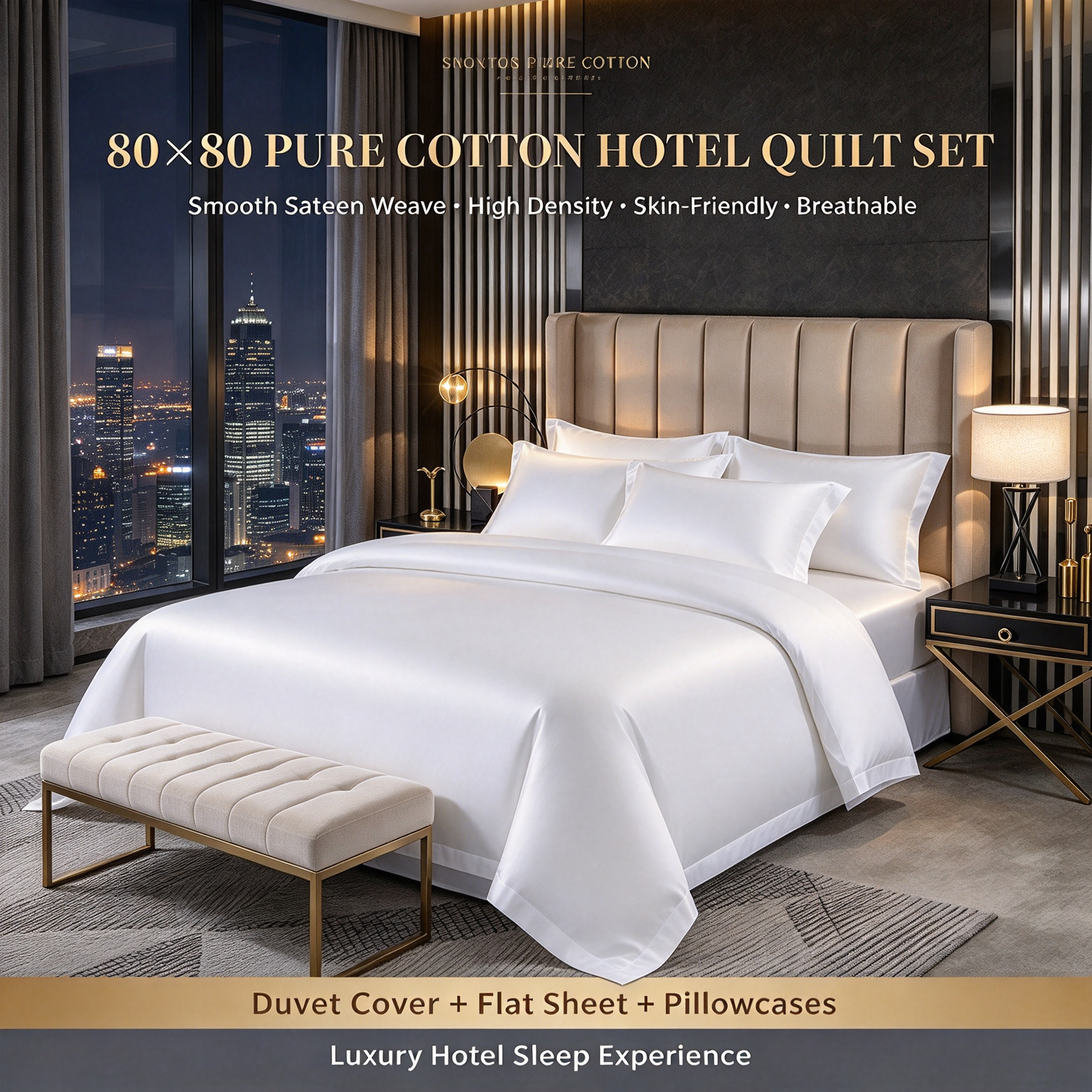 80×80 Pure Cotton Hotel Quilt Set White Sateen Bedding Set with Duvet Cover & Sheet High Thread Count Cotton Bed Linen Set Luxury Hotel White Bedding for Bedroom Soft Breathable Cotton Sateen Four-Piece Set_2