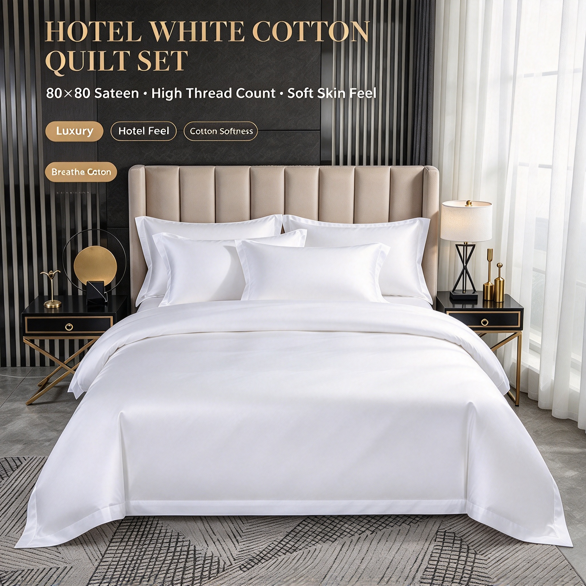 80×80 Pure Cotton Hotel Quilt Set White Sateen Bedding Set with Duvet Cover & Sheet High Thread Count Cotton Bed Linen Set Luxury Hotel White Bedding for Bedroom Soft Breathable Cotton Sateen Four-Piece Set_3