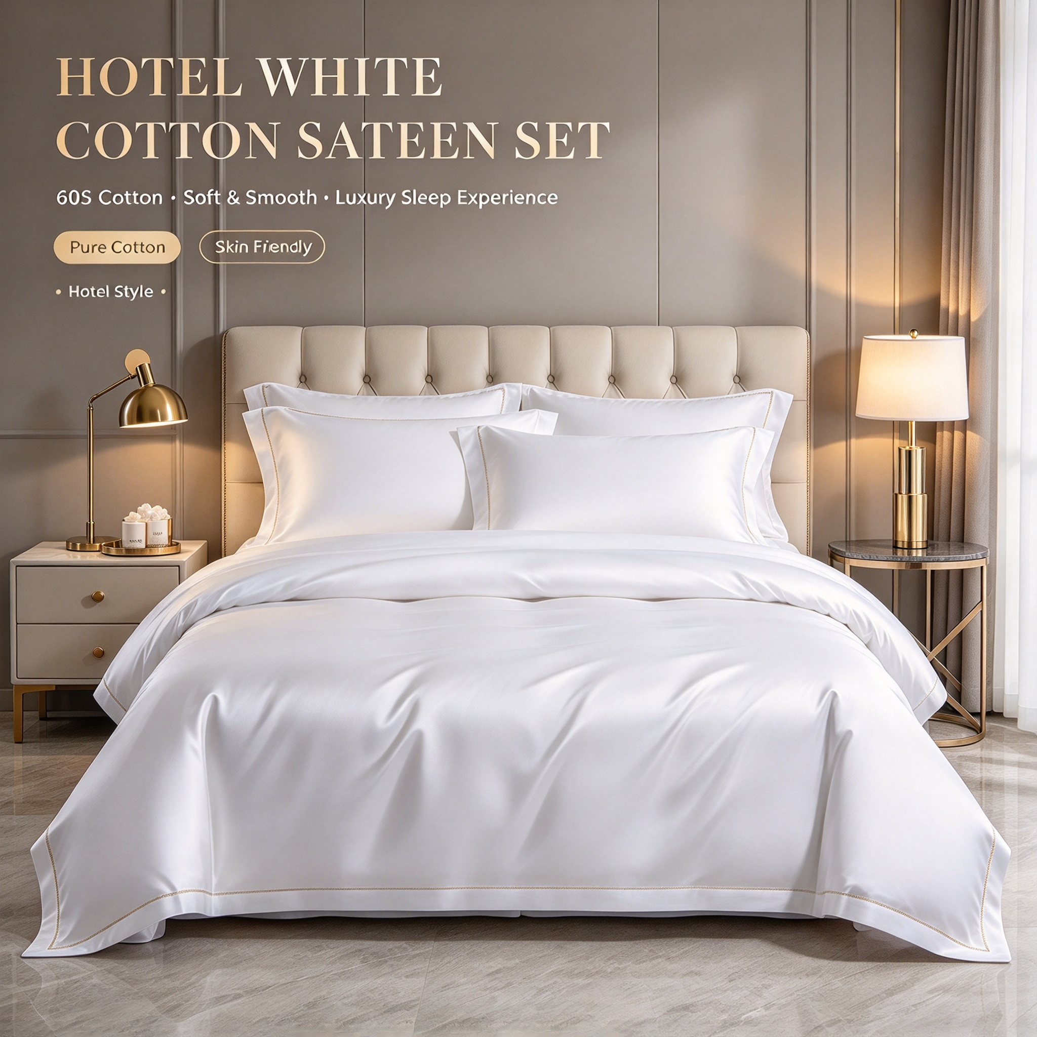 60S Pure Cotton Hotel White Bedding Set White Cotton Sateen Quilt Set for Hotel Room Luxury Hotel Bedding with Duvet Cover & Sheet Soft Smooth Cotton Bed Linen Set Premium White Hotel Quilt Set for Home_3