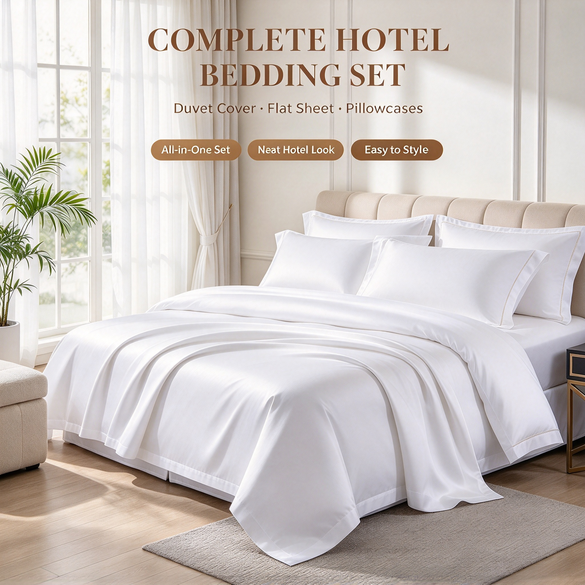 60S Pure Cotton Hotel White Bedding Set White Cotton Sateen Quilt Set for Hotel Room Luxury Hotel Bedding with Duvet Cover & Sheet Soft Smooth Cotton Bed Linen Set Premium White Hotel Quilt Set for Home_7