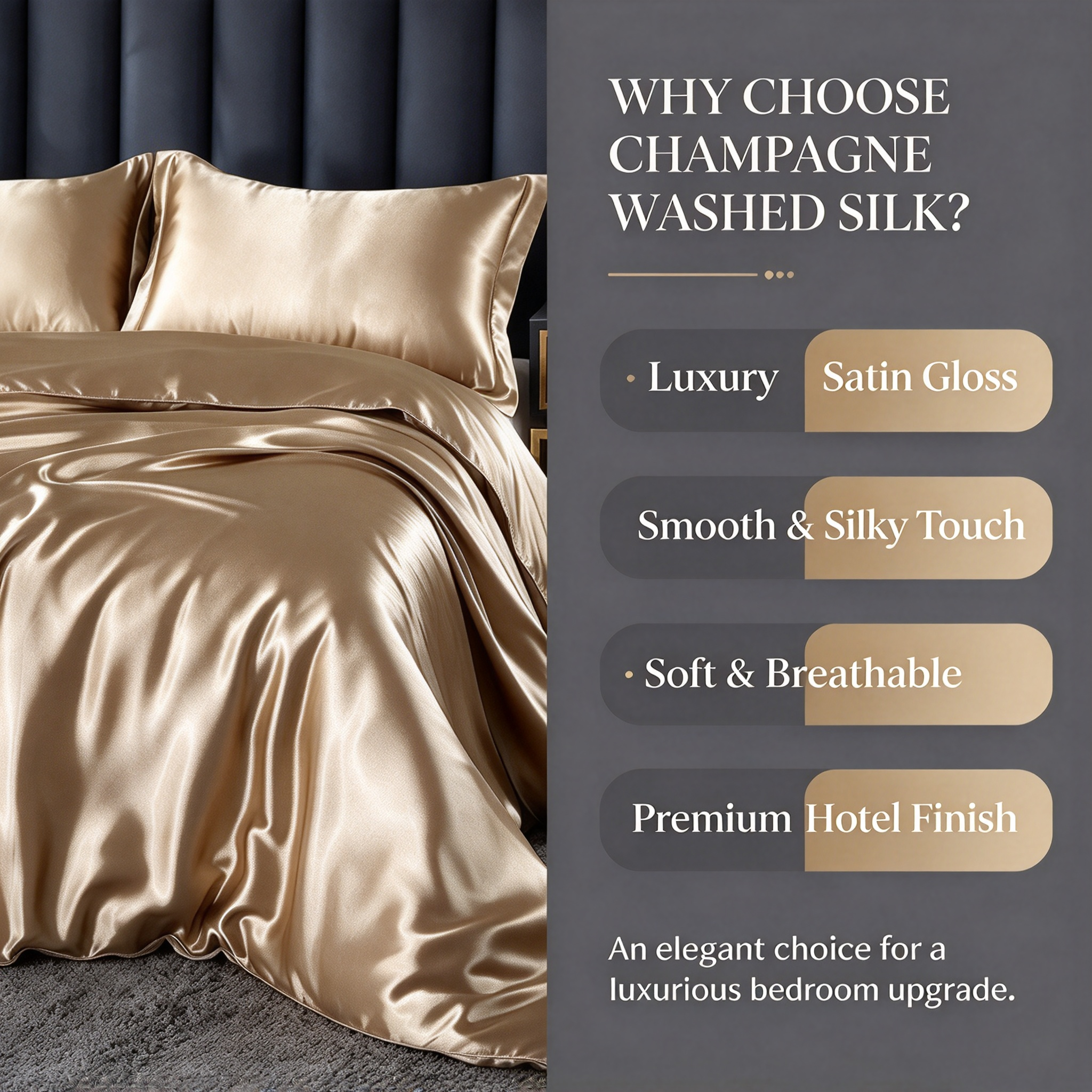 Champagne Washed Silk Hotel Bedding Set Luxury Satin Quilt Set with Duvet Cover & Sheet Elegant Champagne Gold Bed Linen Set Premium Hotel Bedding with Smooth Silk Touch Four-Piece Satin Bed Set for Luxury Bedroom_4