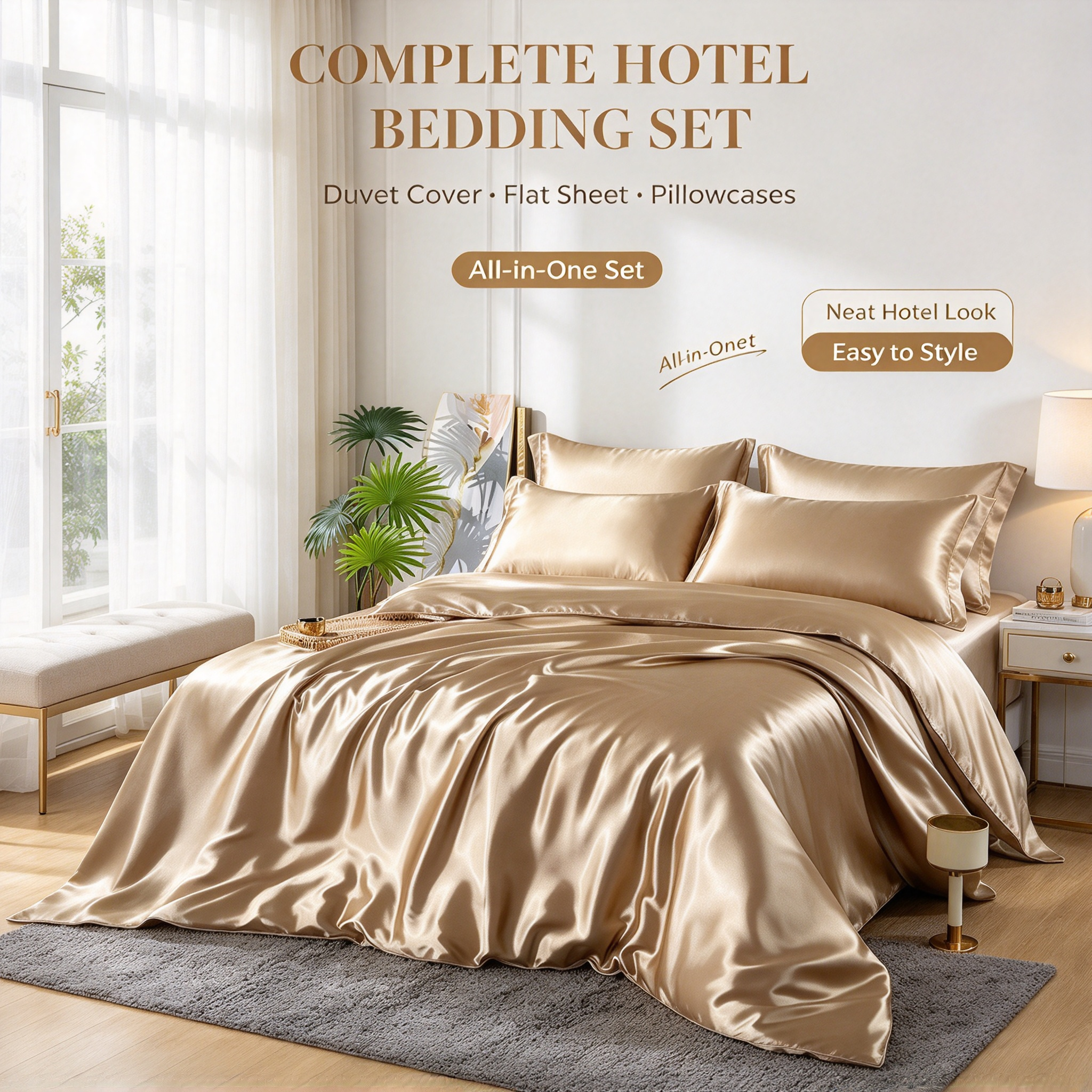 Champagne Washed Silk Hotel Bedding Set Luxury Satin Quilt Set with Duvet Cover & Sheet Elegant Champagne Gold Bed Linen Set Premium Hotel Bedding with Smooth Silk Touch Four-Piece Satin Bed Set for Luxury Bedroom_6