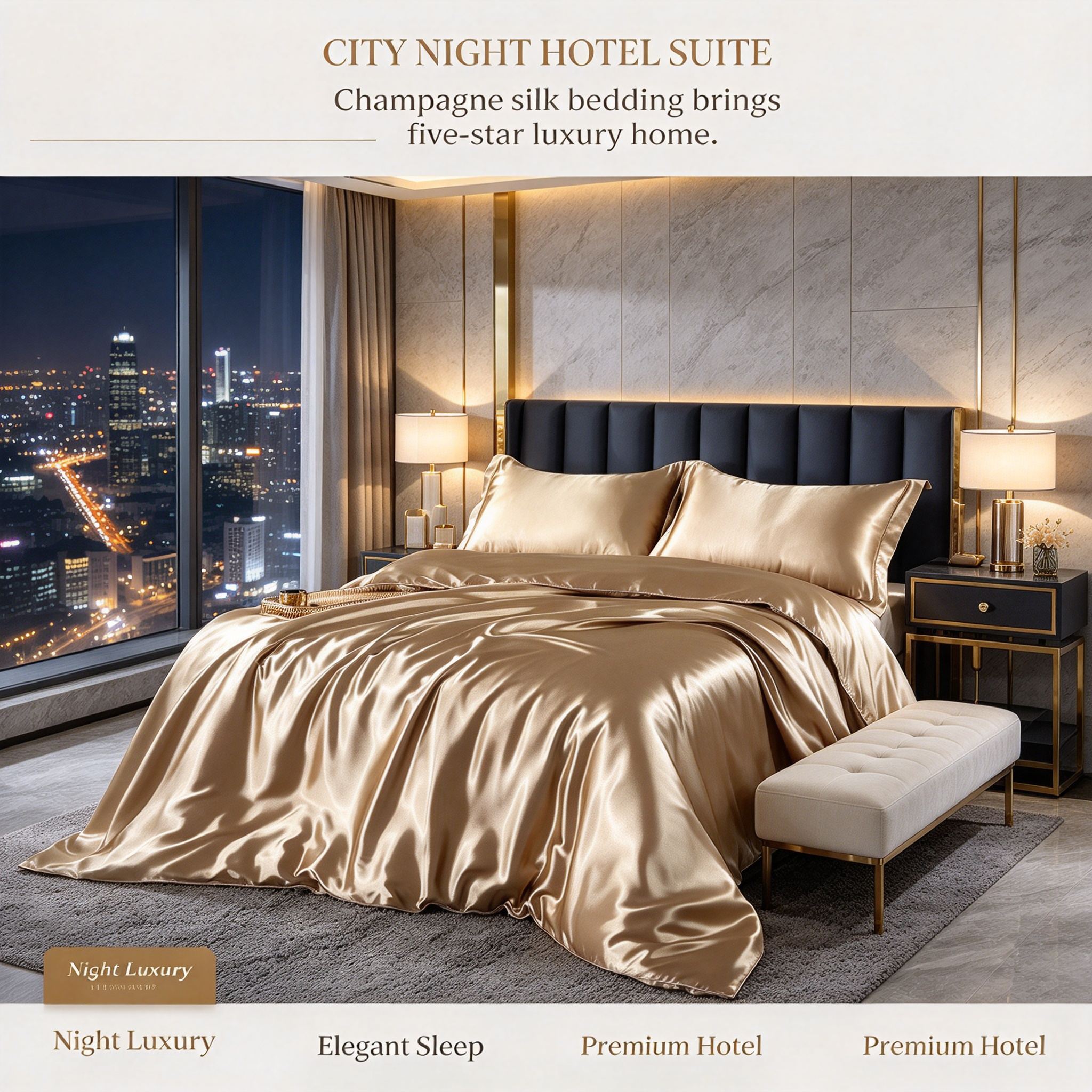 Champagne Washed Silk Hotel Bedding Set Luxury Satin Quilt Set with Duvet Cover & Sheet Elegant Champagne Gold Bed Linen Set Premium Hotel Bedding with Smooth Silk Touch Four-Piece Satin Bed Set for Luxury Bedroom_3