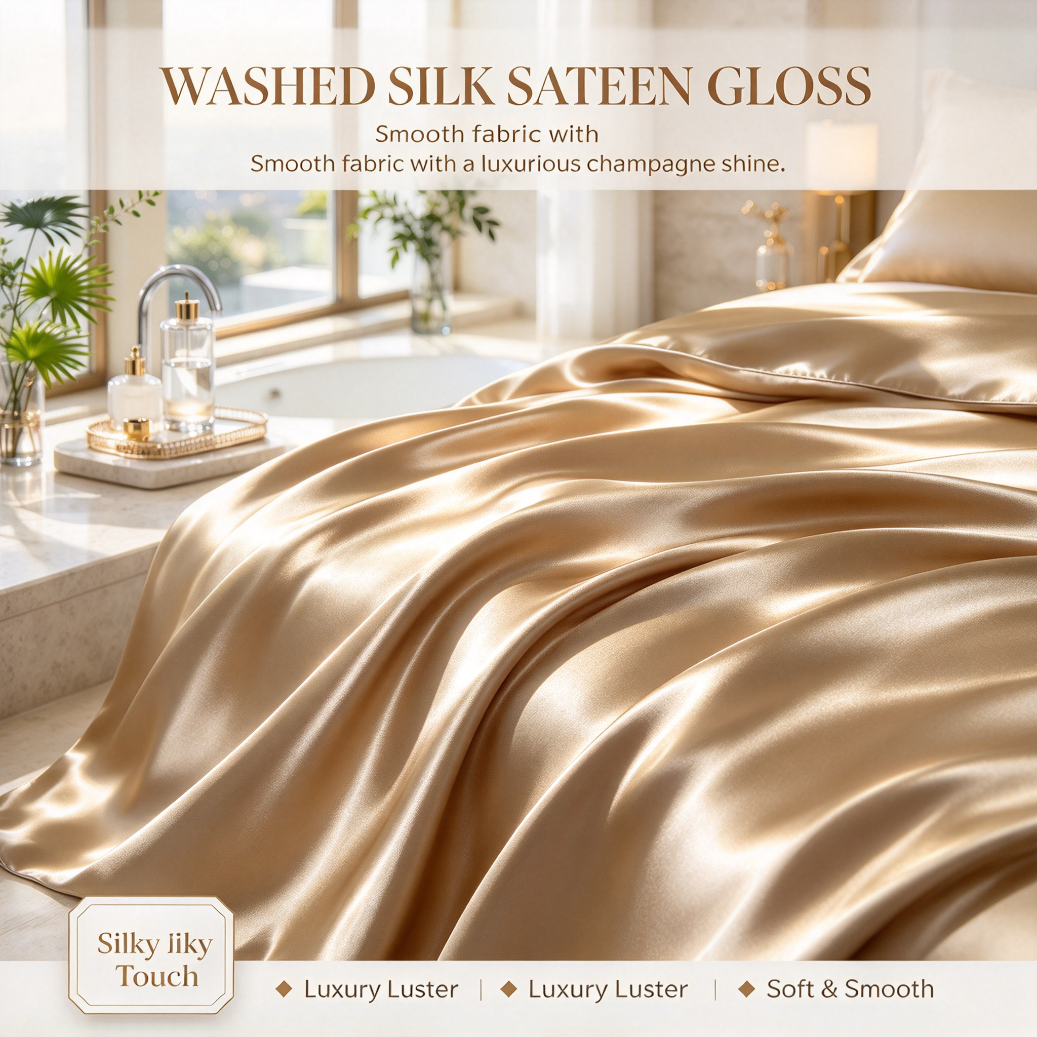 Champagne Washed Silk Hotel Bedding Set Luxury Satin Quilt Set with Duvet Cover & Sheet Elegant Champagne Gold Bed Linen Set Premium Hotel Bedding with Smooth Silk Touch Four-Piece Satin Bed Set for Luxury Bedroom_7