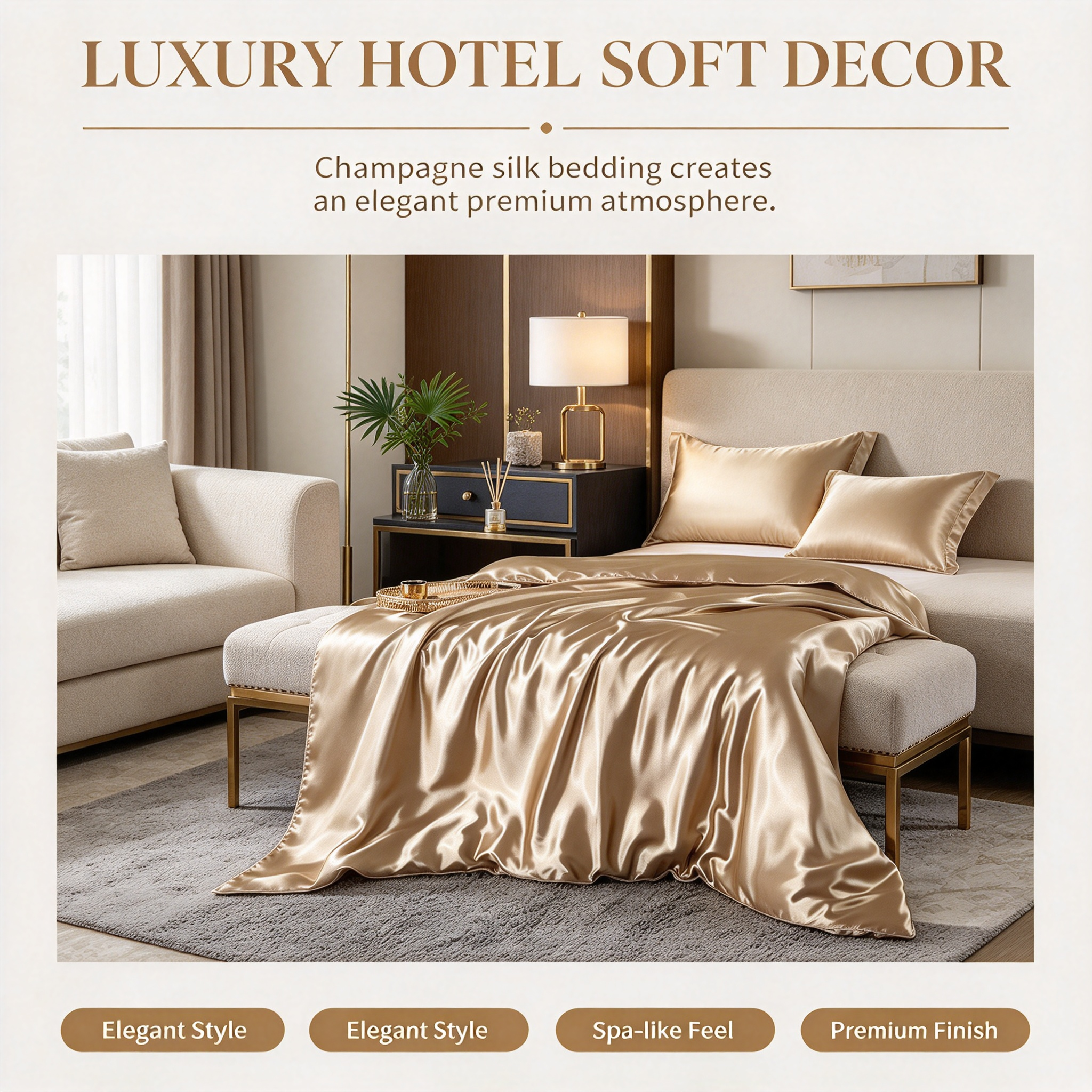 Champagne Washed Silk Hotel Bedding Set Luxury Satin Quilt Set with Duvet Cover & Sheet Elegant Champagne Gold Bed Linen Set Premium Hotel Bedding with Smooth Silk Touch Four-Piece Satin Bed Set for Luxury Bedroom_5