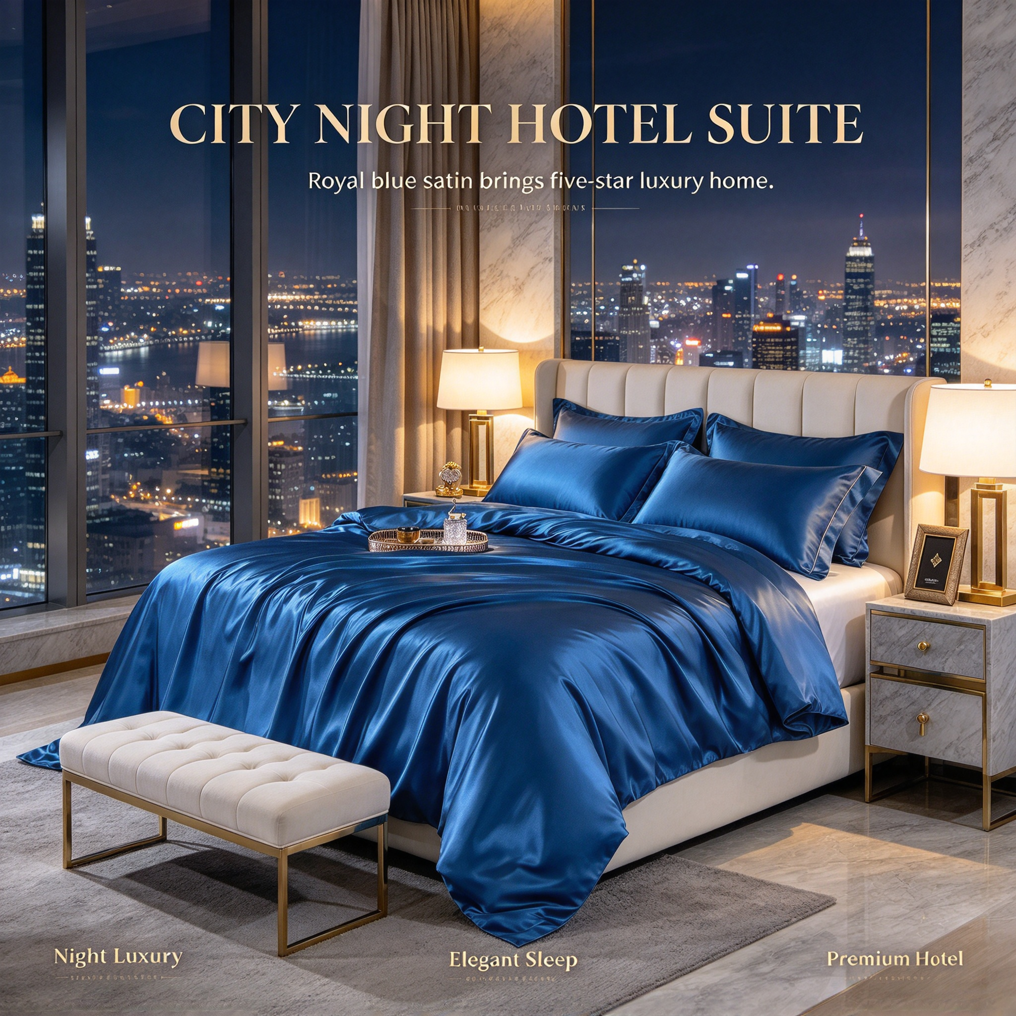 Royal Blue Luxury Hotel Bedding Set High Gloss Satin Quilt Set with Duvet Cover & Sheet Elegant Royal Blue Bed Linen Set Premium Hotel Bedding with Smooth Silk Touch Four-Piece Satin Bed Set for Luxury Bedroom_3