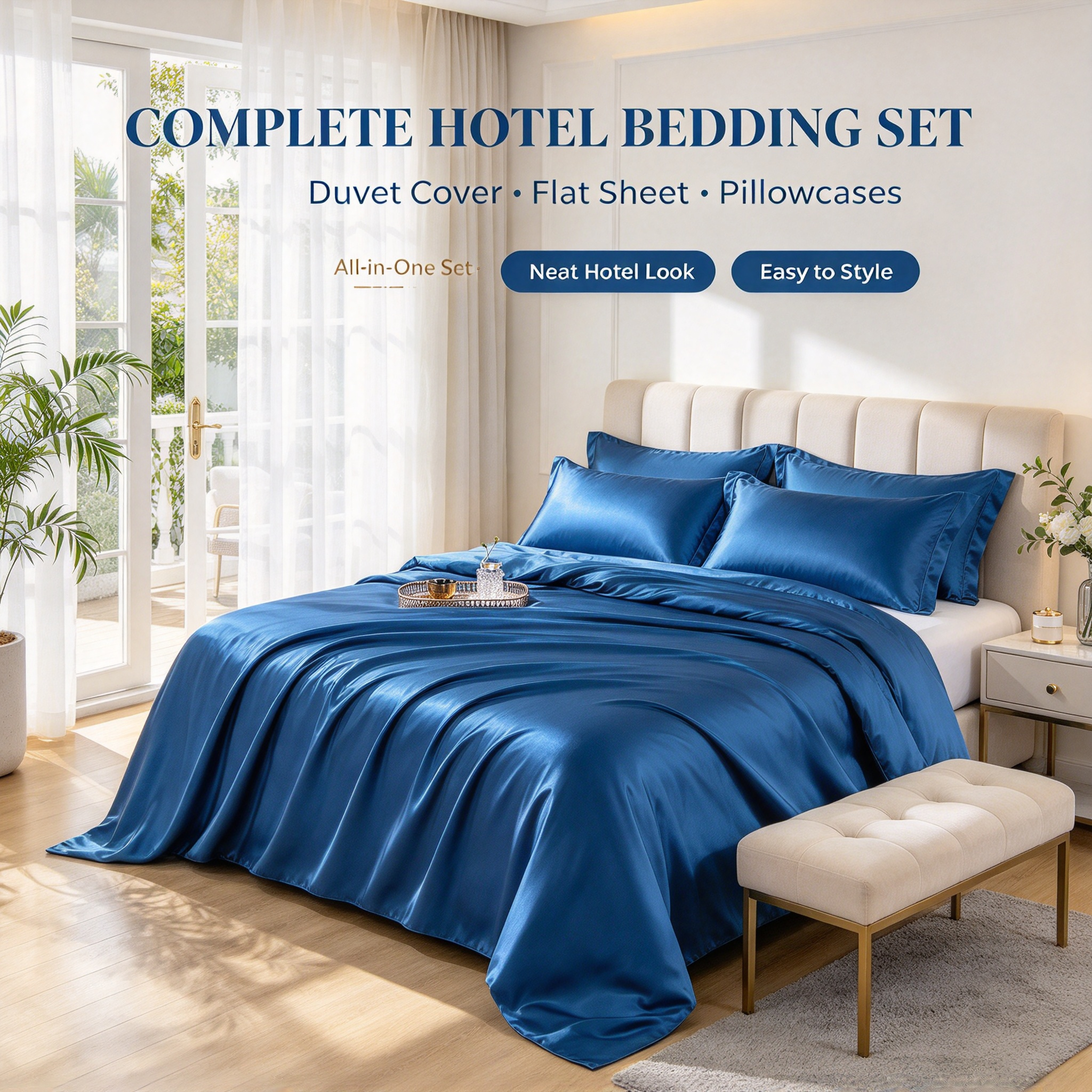 Royal Blue Luxury Hotel Bedding Set High Gloss Satin Quilt Set with Duvet Cover & Sheet Elegant Royal Blue Bed Linen Set Premium Hotel Bedding with Smooth Silk Touch Four-Piece Satin Bed Set for Luxury Bedroom_6