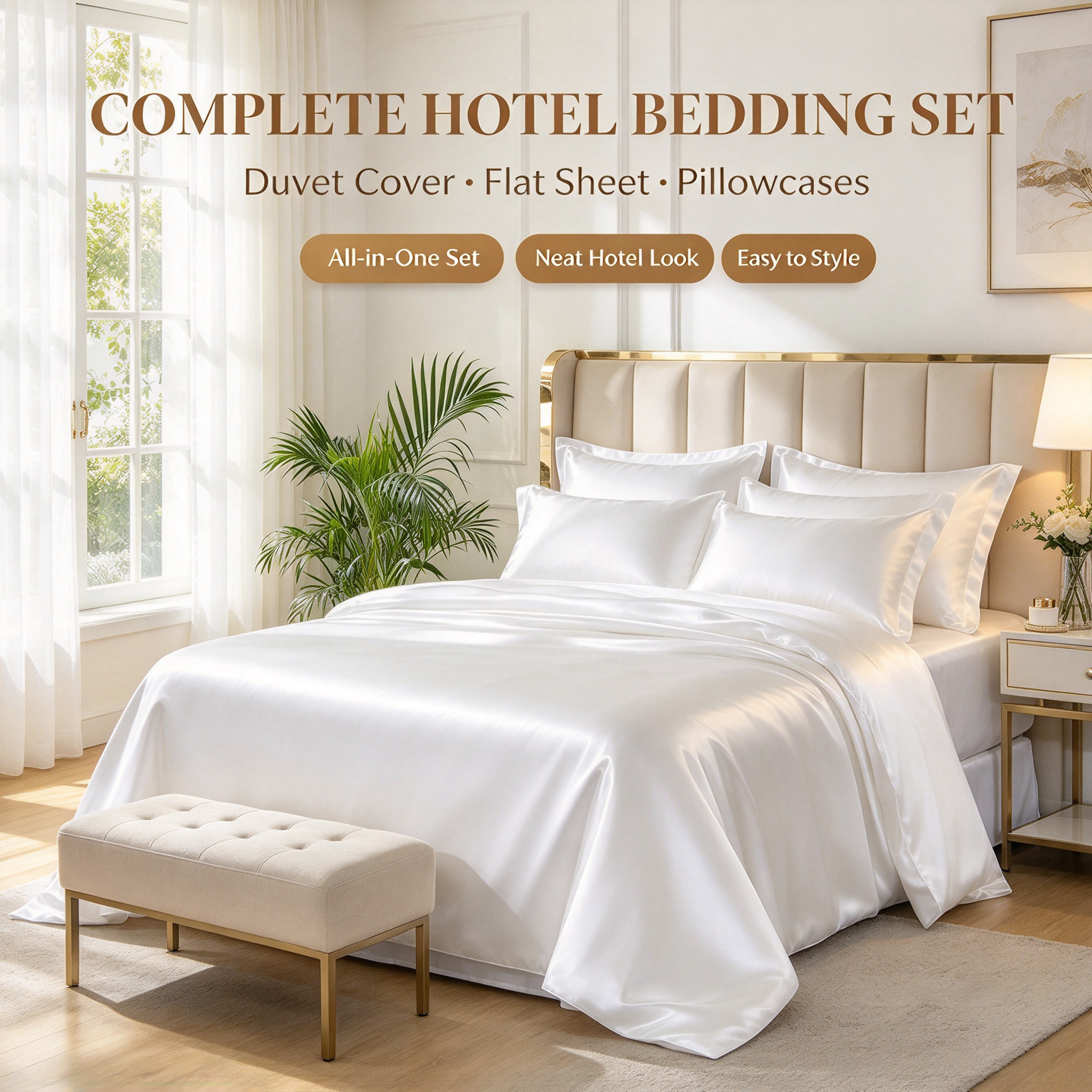 White Luxury Hotel Bedding Set High Gloss Satin Quilt Set with Duvet Cover & Sheet Elegant White Bed Linen Set Premium Hotel Bedding with Smooth Silk Touch Four-Piece Satin Bed Set for Luxury Bedroom_4