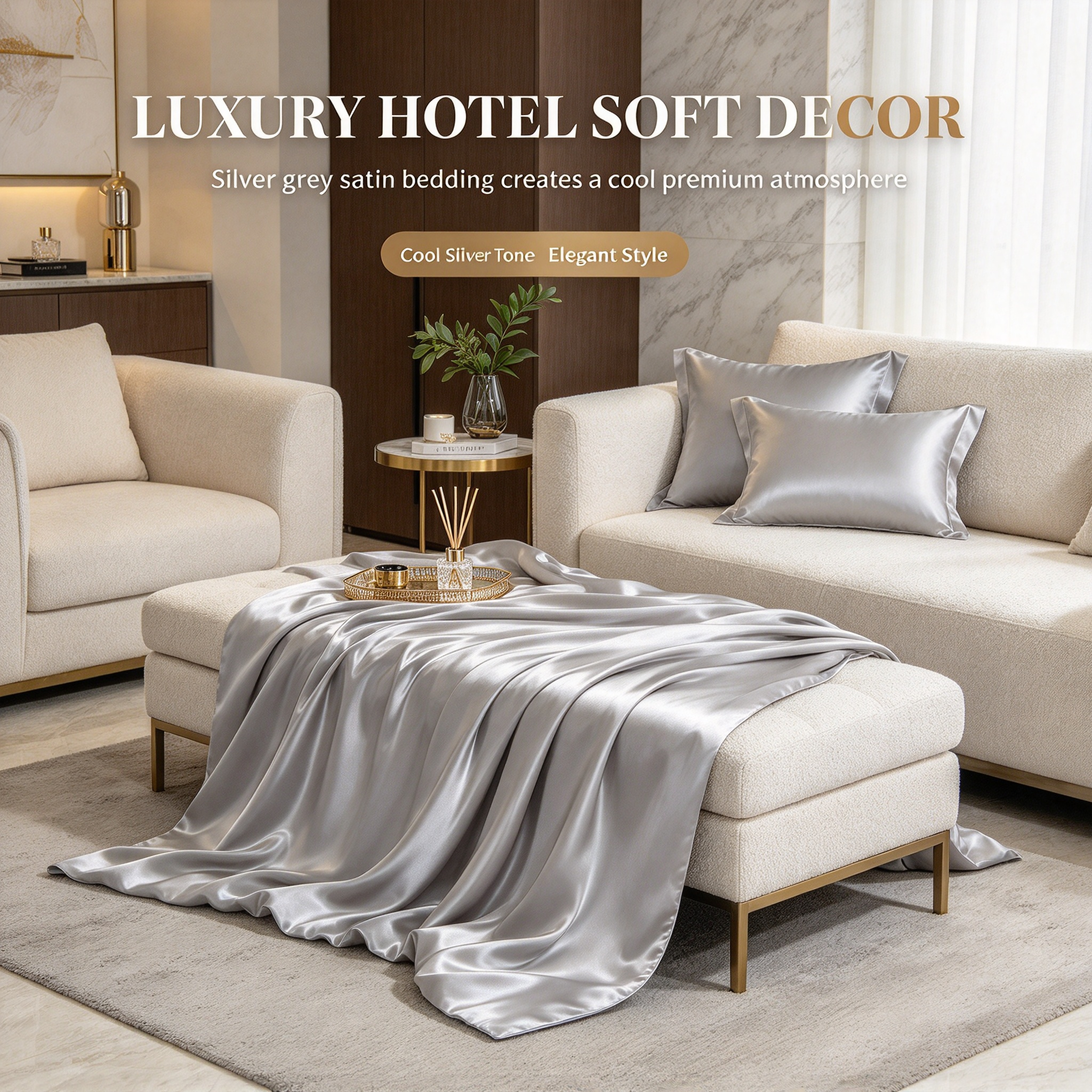 Silver Grey Luxury Hotel Bedding Set High Gloss Satin Quilt Set with Duvet Cover & Sheet Elegant Silver Grey Bed Linen Set Premium Hotel Bedding with Smooth Silk Touch Four-Piece Satin Bed Set for Luxury Bedroom_6