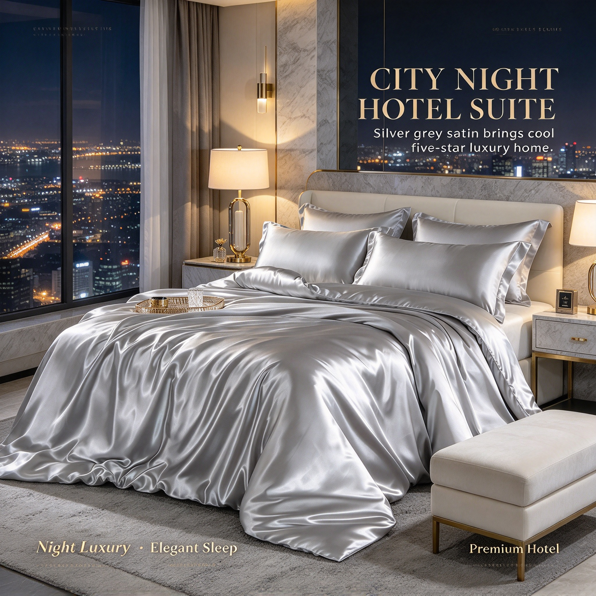 Silver Grey Luxury Hotel Bedding Set High Gloss Satin Quilt Set with Duvet Cover & Sheet Elegant Silver Grey Bed Linen Set Premium Hotel Bedding with Smooth Silk Touch Four-Piece Satin Bed Set for Luxury Bedroom_4