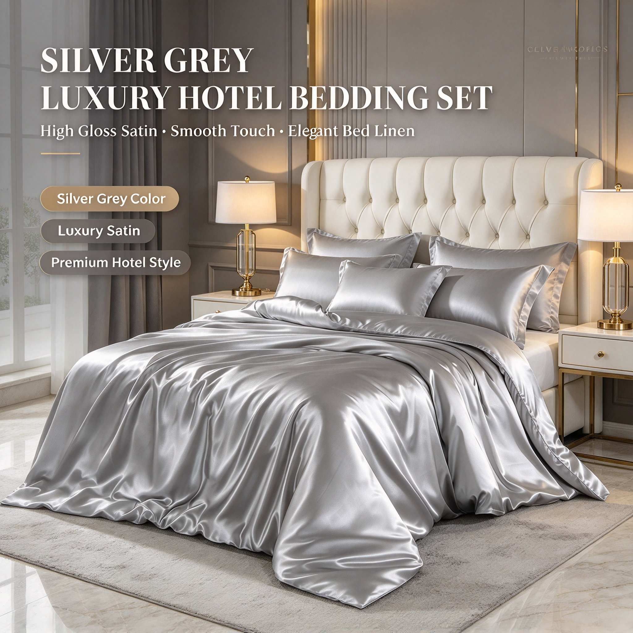 Silver Grey Luxury Hotel Bedding Set High Gloss Satin Quilt Set with Duvet Cover & Sheet Elegant Silver Grey Bed Linen Set Premium Hotel Bedding with Smooth Silk Touch Four-Piece Satin Bed Set for Luxury Bedroom_2