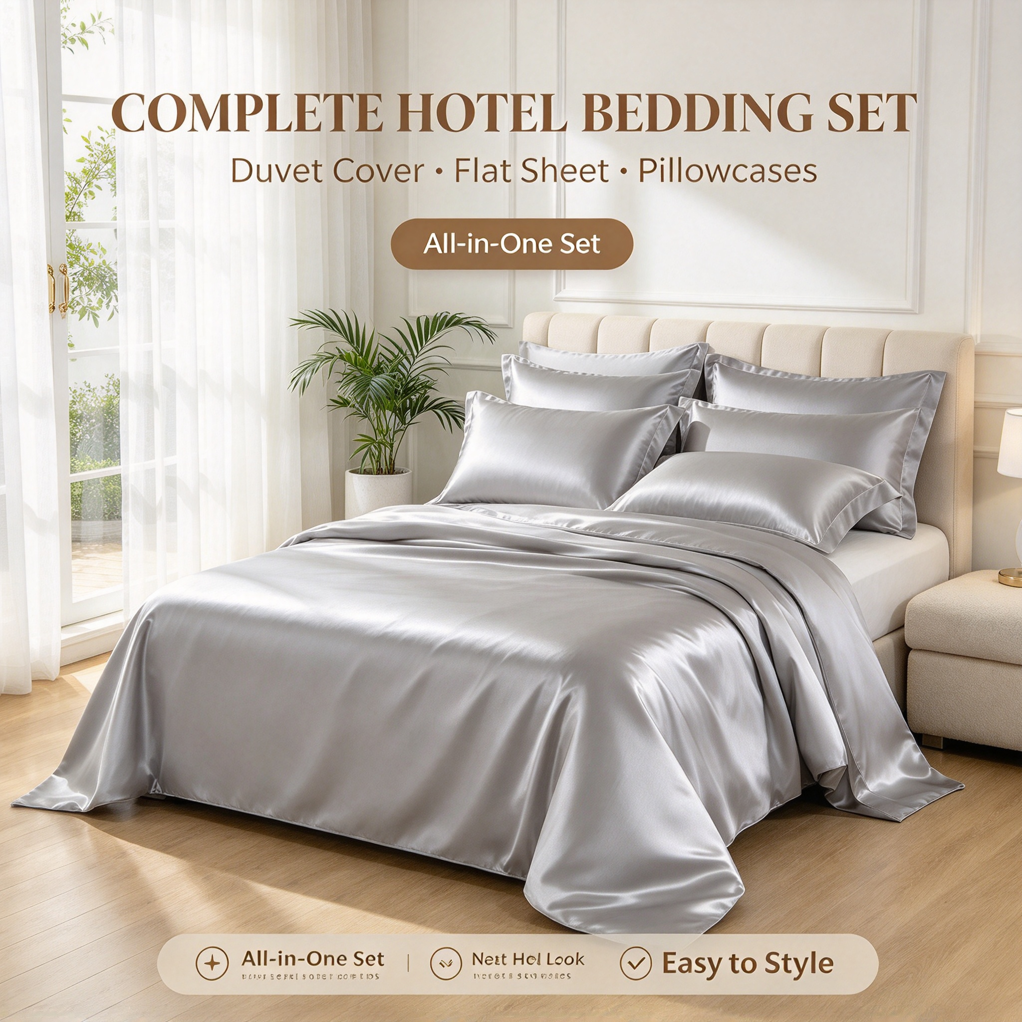 Silver Grey Luxury Hotel Bedding Set High Gloss Satin Quilt Set with Duvet Cover & Sheet Elegant Silver Grey Bed Linen Set Premium Hotel Bedding with Smooth Silk Touch Four-Piece Satin Bed Set for Luxury Bedroom_7