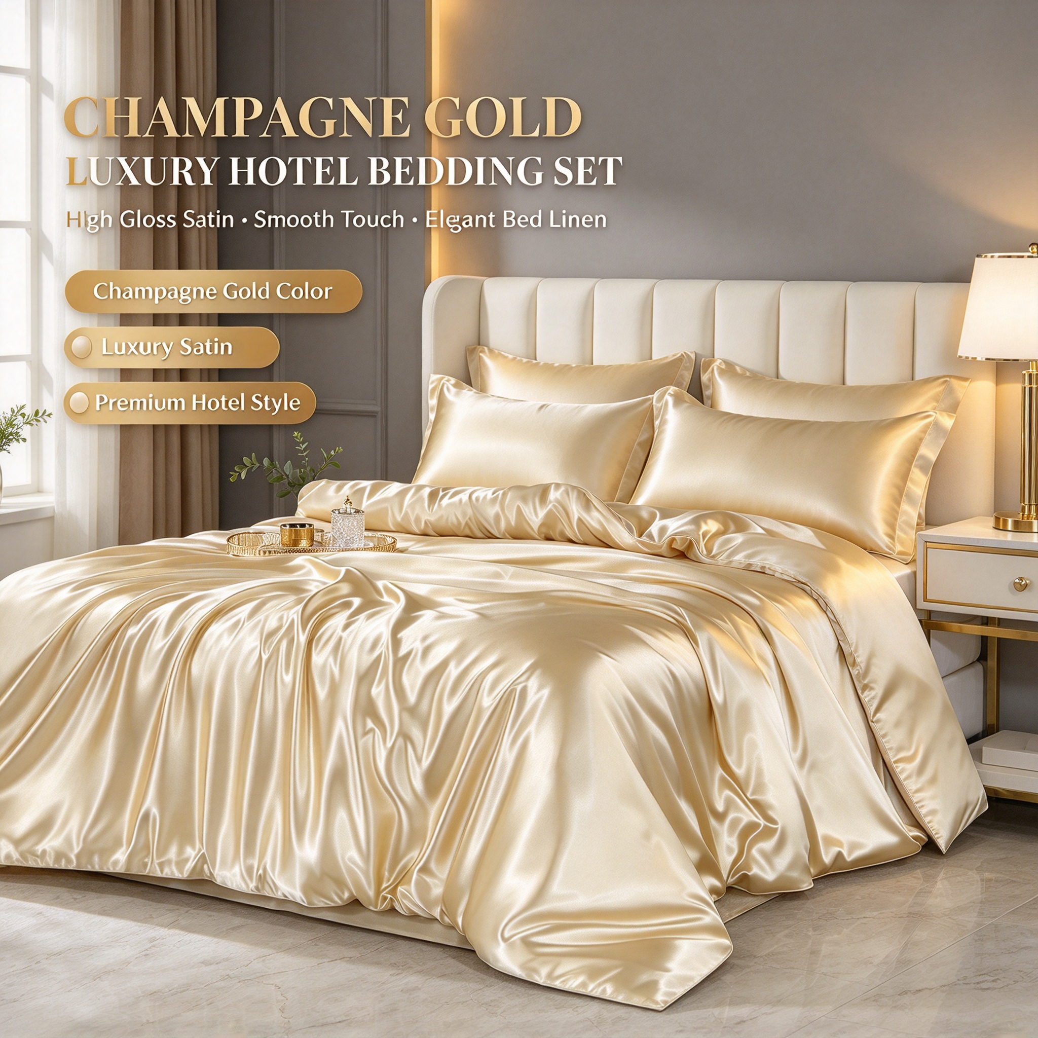 Champagne Gold Luxury Hotel Bedding Set High Gloss Satin Quilt Set with Duvet Cover & Sheet Elegant Champagne Bed Linen Set Premium Hotel Bedding with Smooth Silk Touch Four-Piece Satin Bed Set for Luxury Bedroom_3