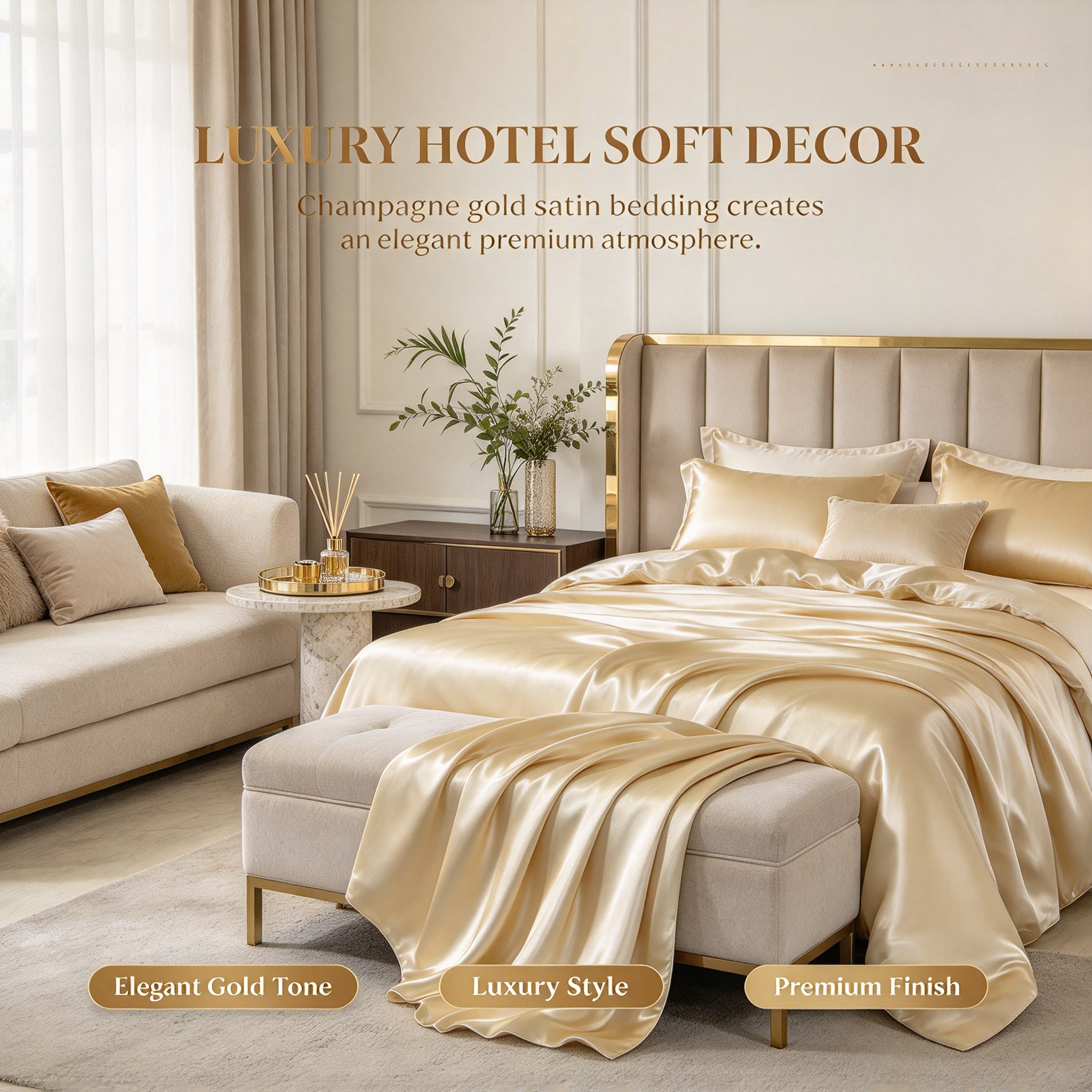 Champagne Gold Luxury Hotel Bedding Set High Gloss Satin Quilt Set with Duvet Cover & Sheet Elegant Champagne Bed Linen Set Premium Hotel Bedding with Smooth Silk Touch Four-Piece Satin Bed Set for Luxury Bedroom_5