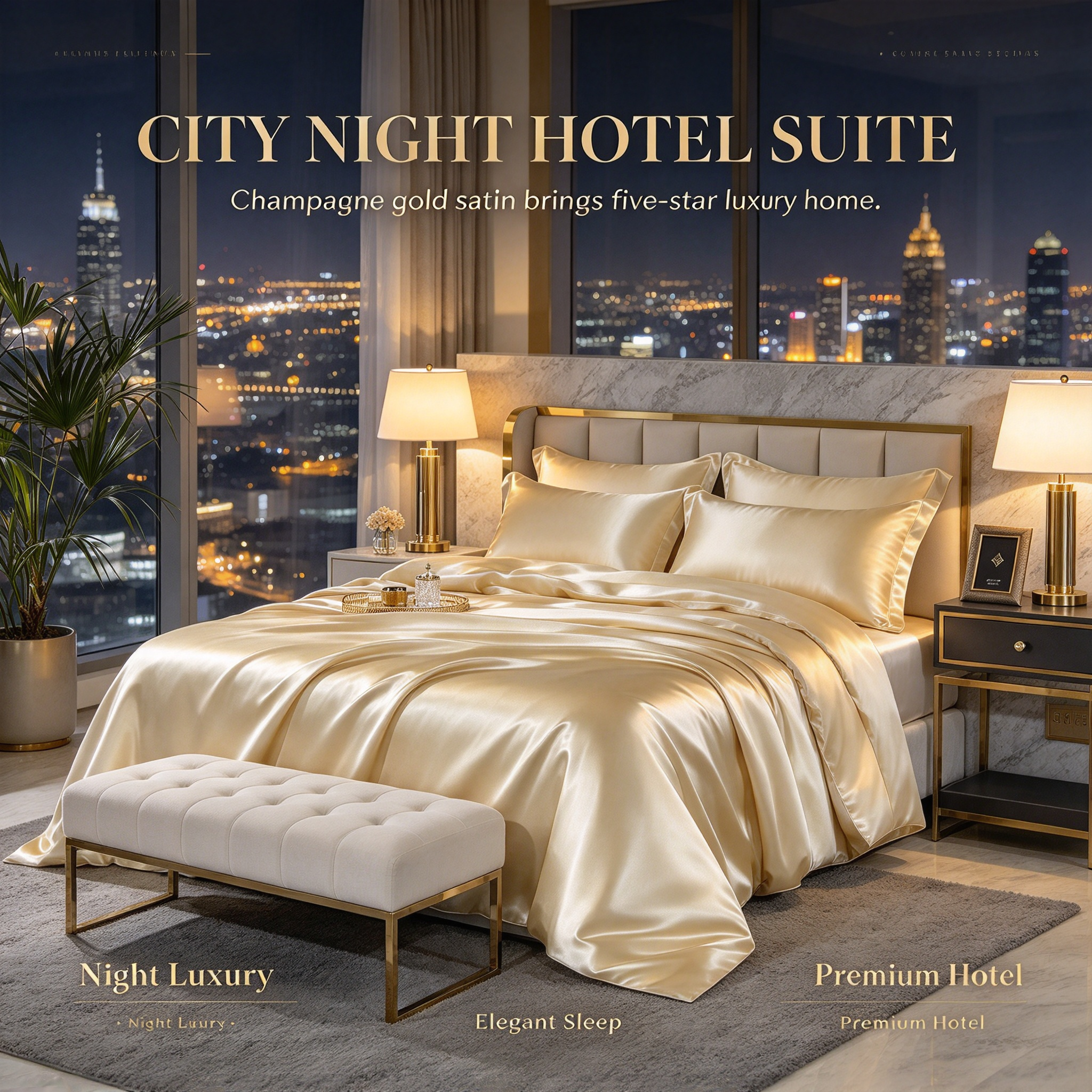 Champagne Gold Luxury Hotel Bedding Set High Gloss Satin Quilt Set with Duvet Cover & Sheet Elegant Champagne Bed Linen Set Premium Hotel Bedding with Smooth Silk Touch Four-Piece Satin Bed Set for Luxury Bedroom_2