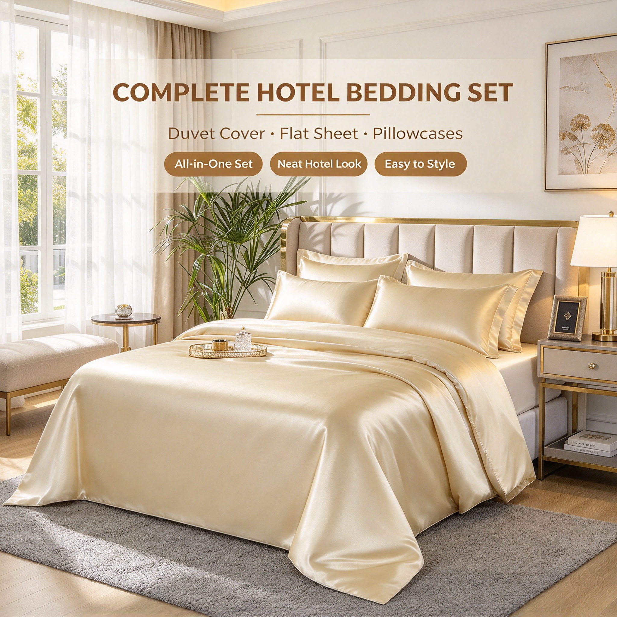 Champagne Gold Luxury Hotel Bedding Set High Gloss Satin Quilt Set with Duvet Cover & Sheet Elegant Champagne Bed Linen Set Premium Hotel Bedding with Smooth Silk Touch Four-Piece Satin Bed Set for Luxury Bedroom_6